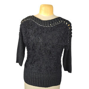 Alberto Makali Women's‎ Black Fuzzy Knit Eyelash Sweater Studded Crochet Neck M